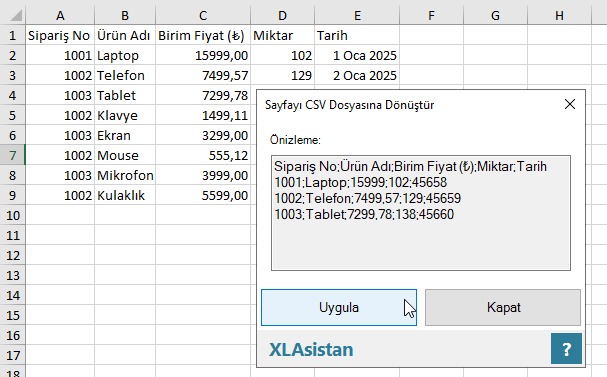 excel'i csv'ye dönüştür