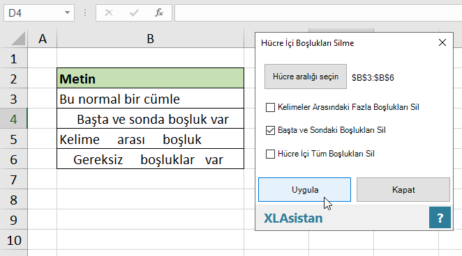 excel hücre içi boşlukları silme