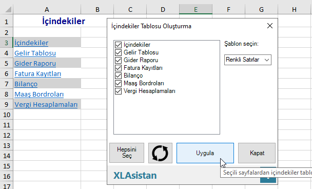 Excel içindekiler tablosu oluşturma