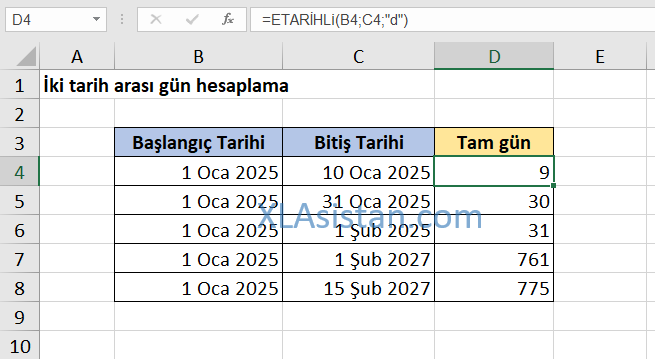 excel iki tarih arası gün hesaplama