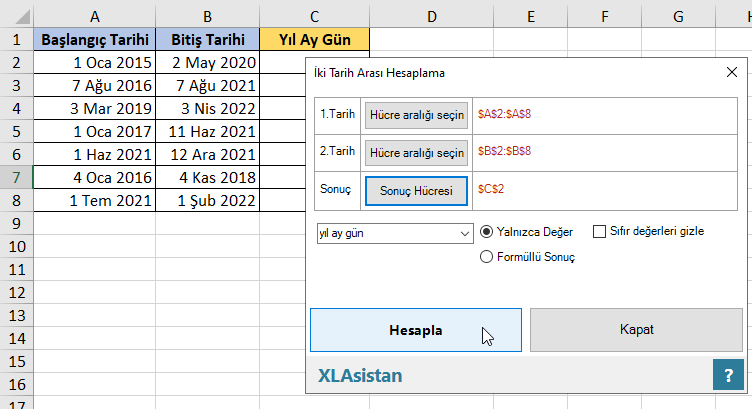 excel ile iki tarih arasında gün ay yıl hesaplama