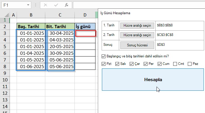 excel iş günü hesaplama