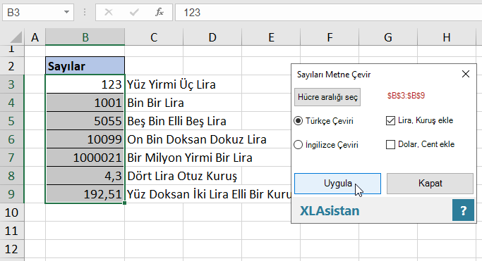 Excel ile sayıları yazıya çevirme