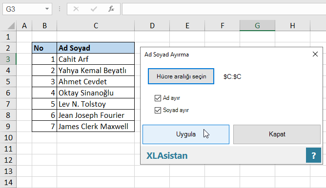 excel ile ad soyad ayırma