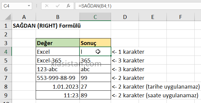 excel sağdan formülü