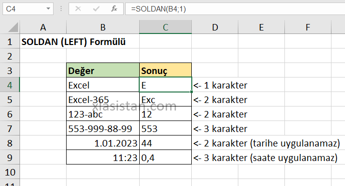 excel soldan formülü