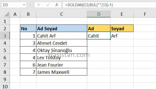 excel ad soyad ayırma