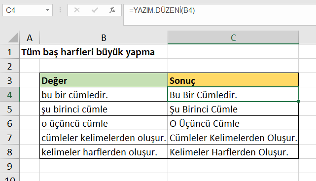 Excel'de tüm baş harfleri büyük yapma